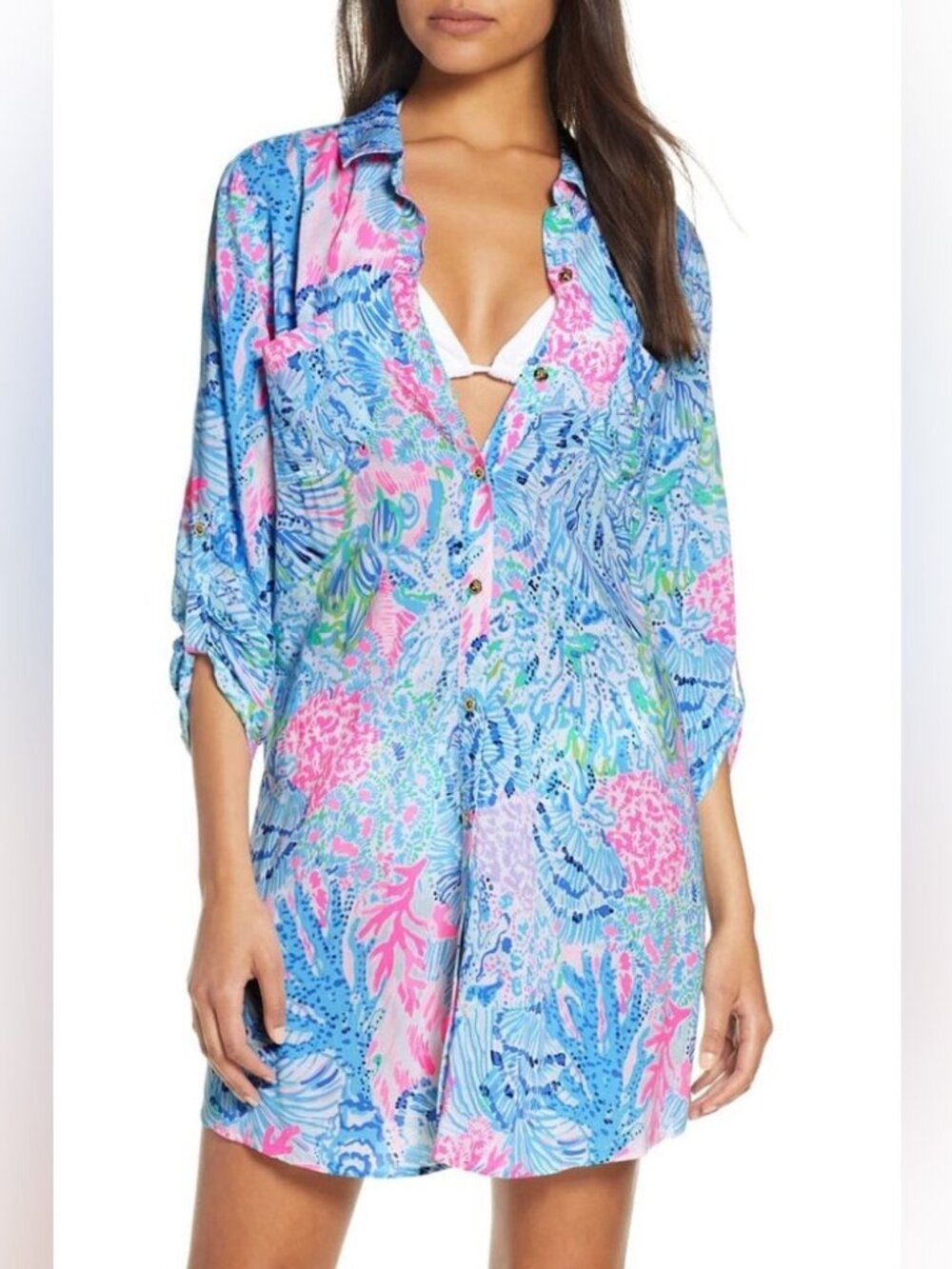 Lilly Pulitzer Natalie Shirtdress "Sink or Swim" Print Swim Cover-Up L